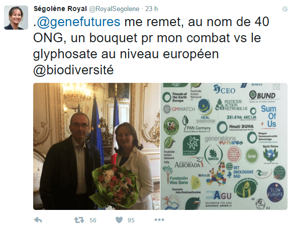 Flores sin pesticidas para Ségolène Royal por votar contra la renovación del glifosato